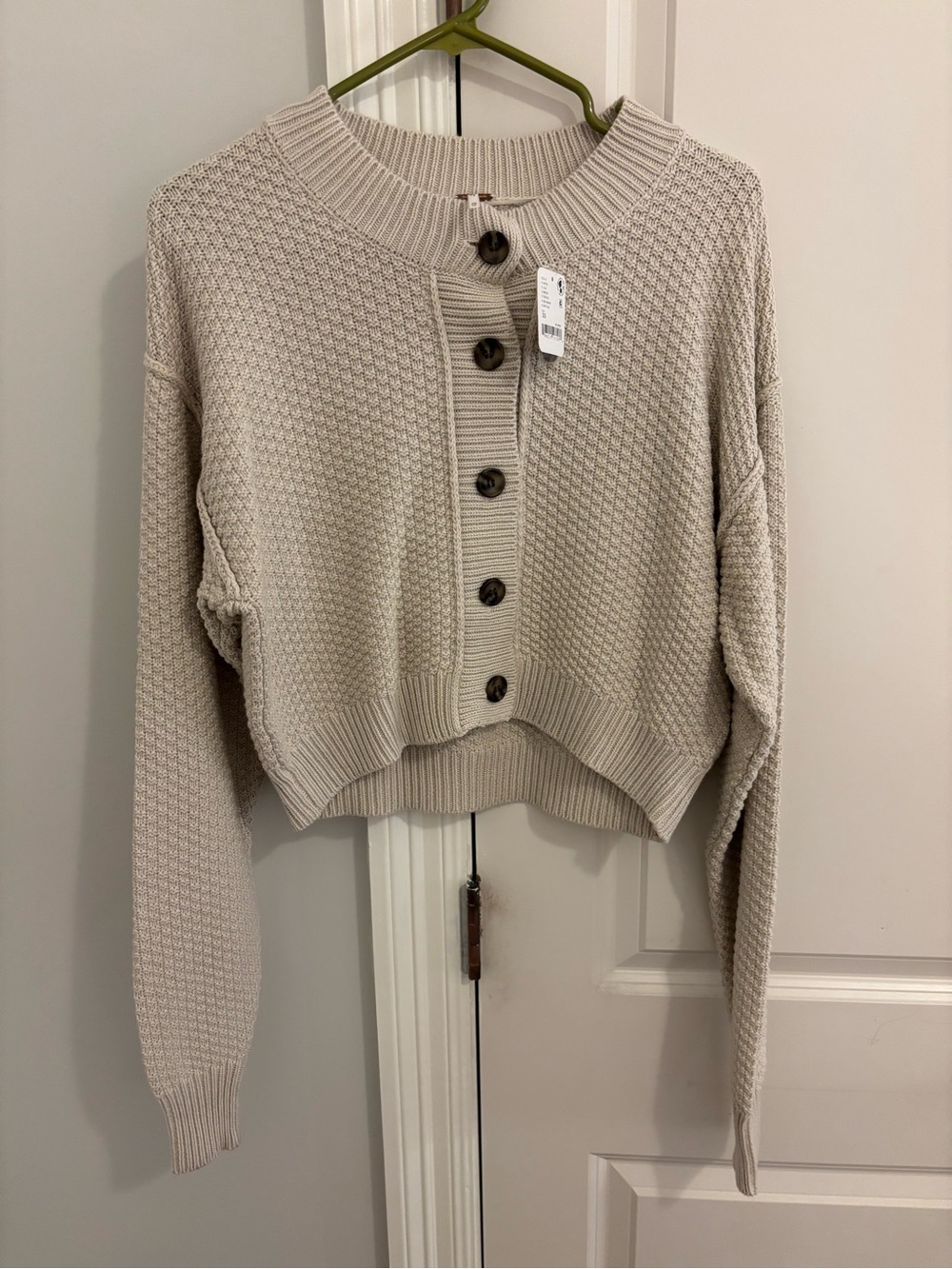 Free People Cropped Cream Button-Up Textured Cardigan